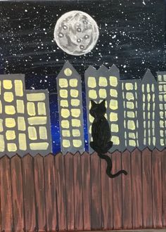 a painting of a cat sitting on a fence looking at the night sky and stars