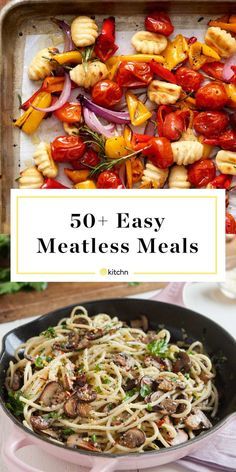 an image of some food in a pan with the words 50 easy meatless meals