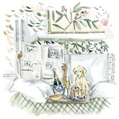 a watercolor painting of a dog sitting on a bed in front of a window