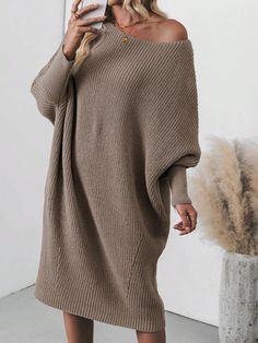 Women's Asymmetrical Collar Batwing Sleeve Long Brown Sweater Dress, Autumn/Winter Mocha Brown Casual  Long Sleeve Fabric Plain  Slight Stretch Fall/Winter Women Clothing, size features are:Bust: ,Length: ,Sleeve Length: Long Brown Sweater, Brown Sweater Dress, Asymmetrical Collar, Sleeveless Knit Top, White Witch, Long Sweater Dress, Dress Autumn, Mocha Brown, Brown Sweater