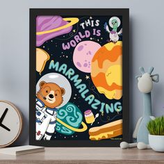 this is an image of a poster on a shelf with a teddy bear in space