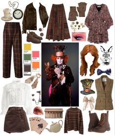 A collage of clothing to create a DIY Mad Hatter halloween costume. Scary Mad Hatter Costume, Mat Hatter Costume, Alice Mad Hatter Costume, Christmas Party Costumes Ideas, Mad Hatter Themed Outfit, Mad Hatter Ideas Costumes, Mad Hatter Party Outfit, Mad Hatter Outfit Ideas Female, Mad Hatter Inspired Outfit Aesthetic