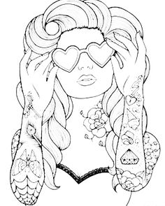 a drawing of a woman's face with tattoos on her arm and chest, in black and white