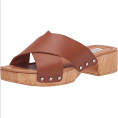 Steve Madden Women's Bryna Sandal New Without Box Never Worn And Haven’t Left The Closet. Clog Sandal Brown Slip-on Sandals With Stacked Heel, Brown Synthetic Clogs For Summer, Summer Synthetic Brown Clogs, Brown Synthetic Mules With Wooden Heel, Brown Clogs With Wooden Heel For Beach, Brown Clogs With Stacked Heel For Beach, Brown Synthetic Clogs With Removable Insole, Brown Clogs With Cushioned Footbed For Beach, Brown Beach Clogs With Cushioned Footbed