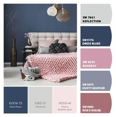 a bedroom with blue walls, pink and grey furniture and accessories in shades of gray