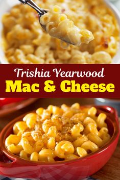 macaroni and cheese in a red bowl with the title overlay reads trisha yearwood mac & cheese