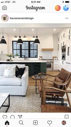 a living room filled with furniture next to an open kitchen and dining area on instagram