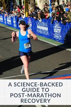 a woman running in a marathon with the words, a science - backed guide to post - marathon recovery