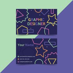 two business cards with colorful shapes and lines on the front, one has a purple background