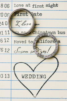 two wedding rings sitting next to each other on top of a piece of lined paper