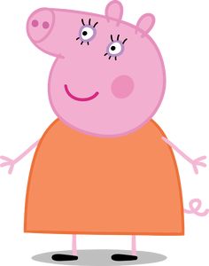 peppa pig in an orange dress with eyes wide open and one hand on his hip