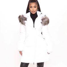 Nwt Fashion Nova Heart Of Manhattan Puffer Coat In White Removable Faux Fur Hood 2 Way Zip Front Front Pockets Shell 1: 100% Polyester Shell 2: 100% Polyurethane Lining & Faux Fur & Rib: 100% Polyester Imported White Outerwear With Faux Fur Lining, White Faux Fur Trim Outerwear For Work, Corduroy Puffer Jacket, White Puffer Jacket, Pink Puffer Jacket, Green Puffer Jacket, Faux Fur Hooded Jacket, White Puffer Vest, Fashion Nova Jackets