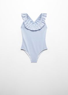 Ruffle striped swimsuit - Kids | MANGO USA Kids Inspo, Baby Swimwear, Striped Swimsuit, Mango Kids, Swimwear Collection, Material Design, Summer Camp, Stripe Print, Beach Outfit