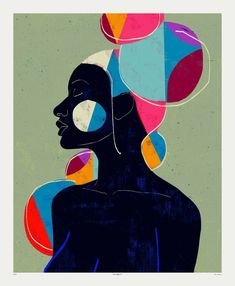 a woman's profile with colorful shapes on her face and hair in the shape of circles