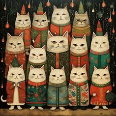 a painting of many cats wearing sweaters and christmas hats, standing in front of a black background