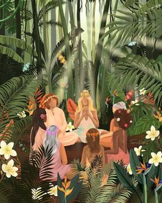 three women are sitting in the jungle surrounded by tropical plants and flowers, all looking at something