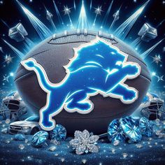 the detroit lions logo on a football surrounded by diamonds and crystal balls with stars in the background