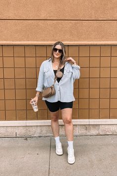 midsize fall transition outfit Styling Bike Shorts Plus Size, Biker Shorts Outfit Midsize, Biking Shorts Outfit, Black Biker Shorts Outfit, Plus Size Biker Shorts Outfit, Lumberjane Waffle Shirt, Aerie Lumberjane, Neutral Ootd