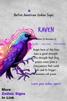 a colorful bird sitting on top of a tree branch with the words raven above it