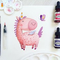 a watercolor painting of a pink unicorn with butterflies on it's back, surrounded by paintbrushes and paints