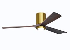 a gold ceiling fan with wooden blades and a light on the top, against a white background