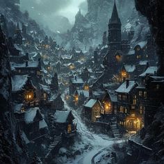 a village in the mountains is lit up at night with lights on and snow falling all around