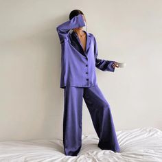 Long Sleeves Oversized Sleepwear For Women — Original Pajamas Wide Leg Pant Suit, Pajama Fashion, Silk Sleepwear, Silk Pajama Set, Long Sleeve Tops Casual, Satin Pajamas, Sleepwear Sets, Satin Shirt, Silk Pajamas