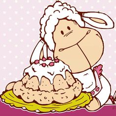 a cartoon sheep sitting next to a cake