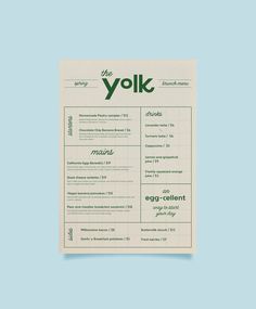 the yolk menu on a blue background