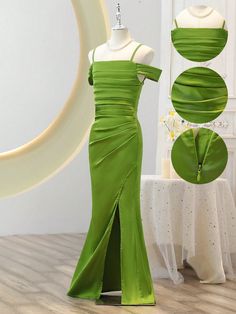 Verde Fiesta Collar manga corta Satén Liso Tirantes Embellished Elástico Ligero Elegant Girl, Evening Gowns Elegant, Printed Sleeveless Top, Split Dress, Elegant Dresses Long, Party Dress Long, Pajama Set Women, Prom Party Dresses, Womens Midi Dresses