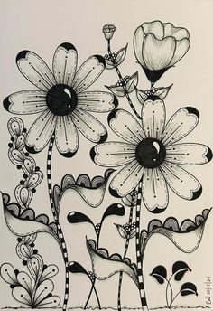 a drawing of flowers with black and white ink