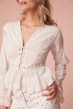 Love Shack Fancy - Mindy Top in Bright White Beach Edit, Vintage Lace Blouses, Love Shack Fancy, Lace Blouse Long Sleeve, White Flares, White Lace Blouse, Dressy Pants, Designer Tops, Lace Blouse