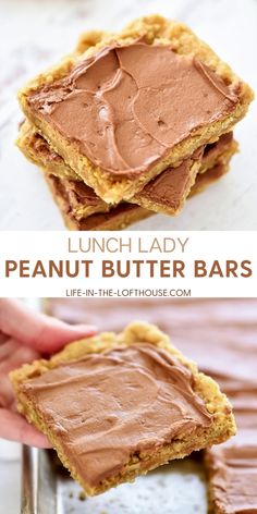 peanut butter bars with chocolate frosting on top and the words, lunch lady peanut butter bars