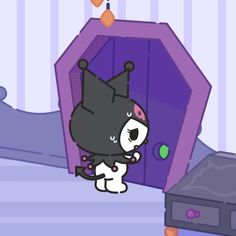 a cartoon cat is jumping in front of a purple door with an object on the floor