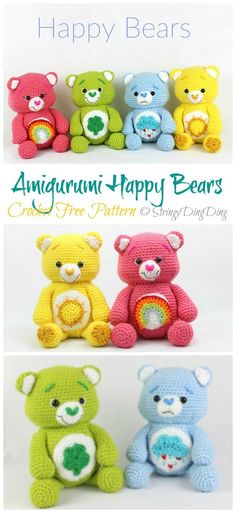 four crocheted teddy bears with the caption happy bears