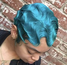 Blue Finger Waves, Black Curly Wig, Curly Bob Wigs, Finger Waves, Hair Laid, Curly Hair With Bangs, Short Natural Hair Styles