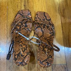 Orange Snakeskin Sandal Very Comfortable To Walk In Chic Snake Print Sandals For Spring, Summer Open Toe Sandals With Snake Print, Flat Platform Sandals, Zara Sandals, Leopard Print Sandals, Brown Leather Flats, Tie Up Sandals, Gold High Heels, Embellished Flats