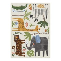 an elephant, giraffe and other animals are depicted in this handmade rug