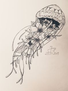 a drawing of a jellyfish with flowers on it's back end and its tail curled up