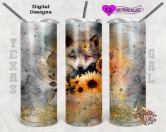 two tumbles with pictures of animals and sunflowers on them, one has a straw in it