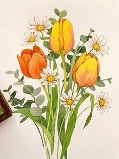 a watercolor painting of orange and white flowers in a vase on a table next to a mirror