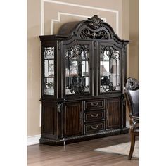 an ornate china cabinet with glass doors and wood floors in a living room setting,