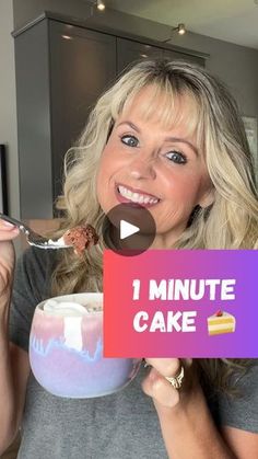 a woman holding a bowl of cake with the words 1 minute cake in front of her