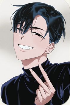 an anime character with black hair smiling and making the v sign on his finger while wearing a black shirt