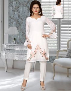 White Georgette Partywear Salwar Kameez Latest Salwar with Bottom Pant Comfortable and Easy Wear Dress belongs to the embroidery work at the front and sleeves Hijab and band shown in the image can be bought separately Fabric: GeorgetteCare: Mild machine wash/ hand Cold Wash/ Dry cleanWe request customers to carefully choose the correct size and dress length referring to our size chart Party Wear Designer Dresses, White Kurti, Plus Size Lehenga, Easy Wear Dresses, Resham Embroidery, Embroidered Kurti, Long Kurtis, Suit Collection, Casual Saree