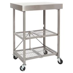 a stainless steel cart with two shelves on wheels