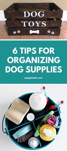 an organized dog supplies tray with the title 6 tips for organizing dog supplies on it