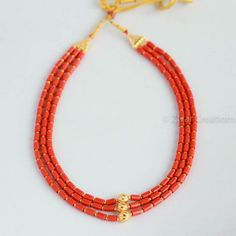 Coral Colour Beads Short Necklace with three line and adjustable thread attached. Length - 18 inches with adjustable thread. Coral Jewelry Necklace, Coral Jewelry Vintage, Beaded Wedding Jewelry, Gold Necklace Indian, Coral Beads Necklace, Gold Necklace Indian Bridal Jewelry, Beaded Necklace Designs, Gemstone Beads Jewelry, Gold Fashion Necklace