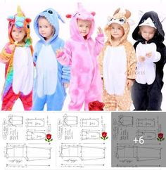 children's animal onesuits are shown in three different sizes