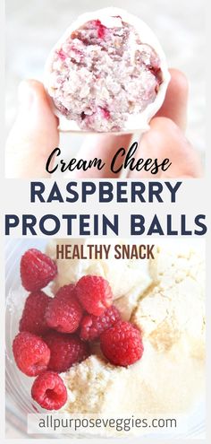 raspberry protein balls in a bowl with the words, cream cheese raspberry protein balls healthy snack